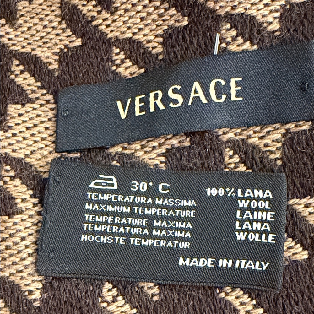 Versace Dark Brown and Tan Houndstooth Wool Scarf - Picture 3 of 10
